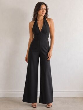 Le Chateau Y2K Black Halter Wide-Leg Flared Bell Bottom Jumpsuit - Size S